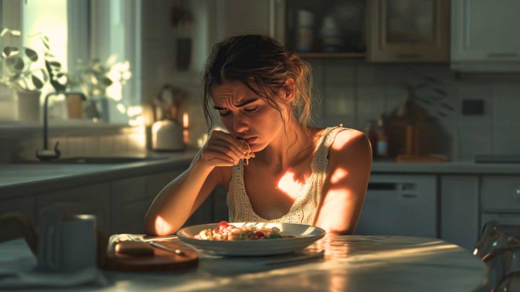  A woman struggling with eating disorders looking displeased and guilty about gulping down food
