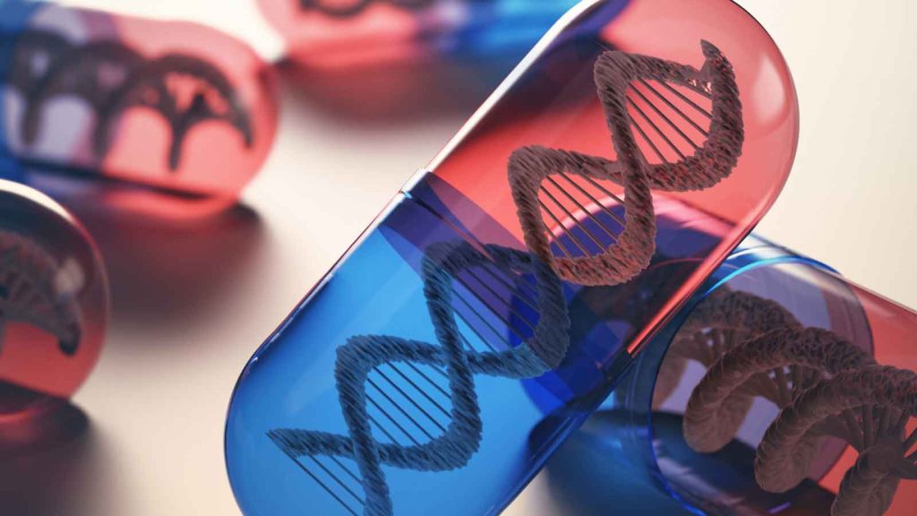 DNA strands inside red and blue capsules