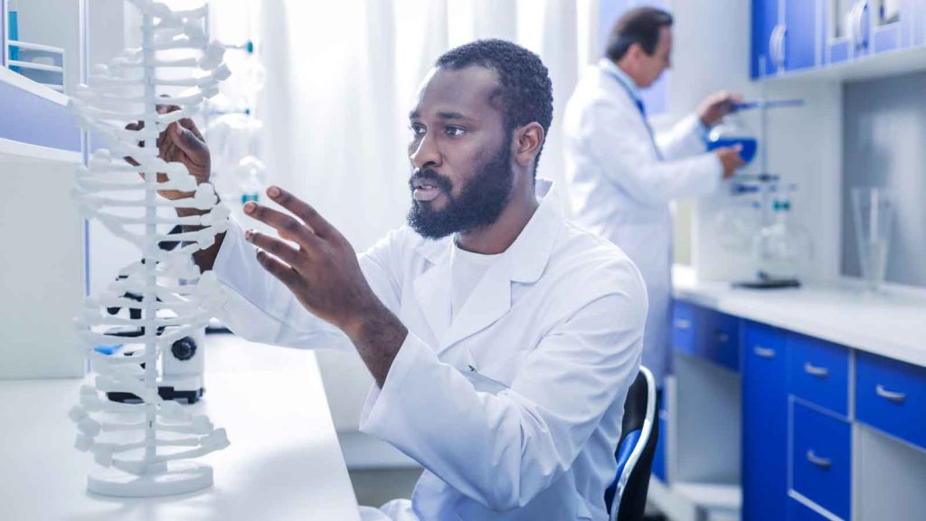 Scientist examining a DNA model in a laboratory