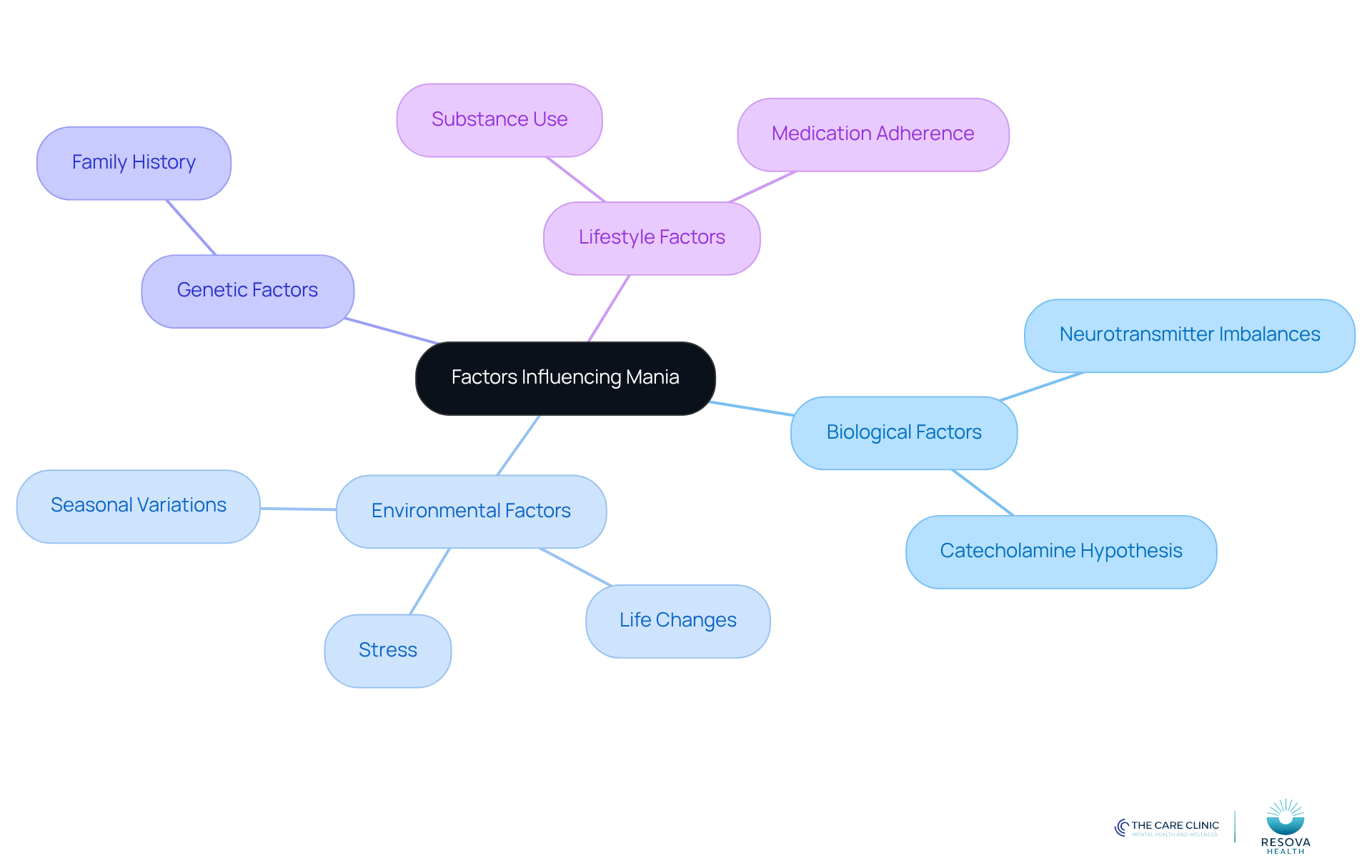 The central node represents the main topic, while the branches show different categories of factors that influence mania. Each sub-node provides more detail about specific elements within those categories. The central node represents the main topic, while the branches show different categories of factors that influence mania. Each sub-node provides more detail about specific elements within those categories.